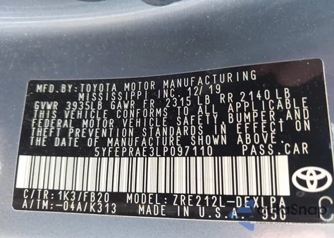 2020 Toyota Corolla Le from USA, damaged, VIN 5YFEPRAE3LP097110